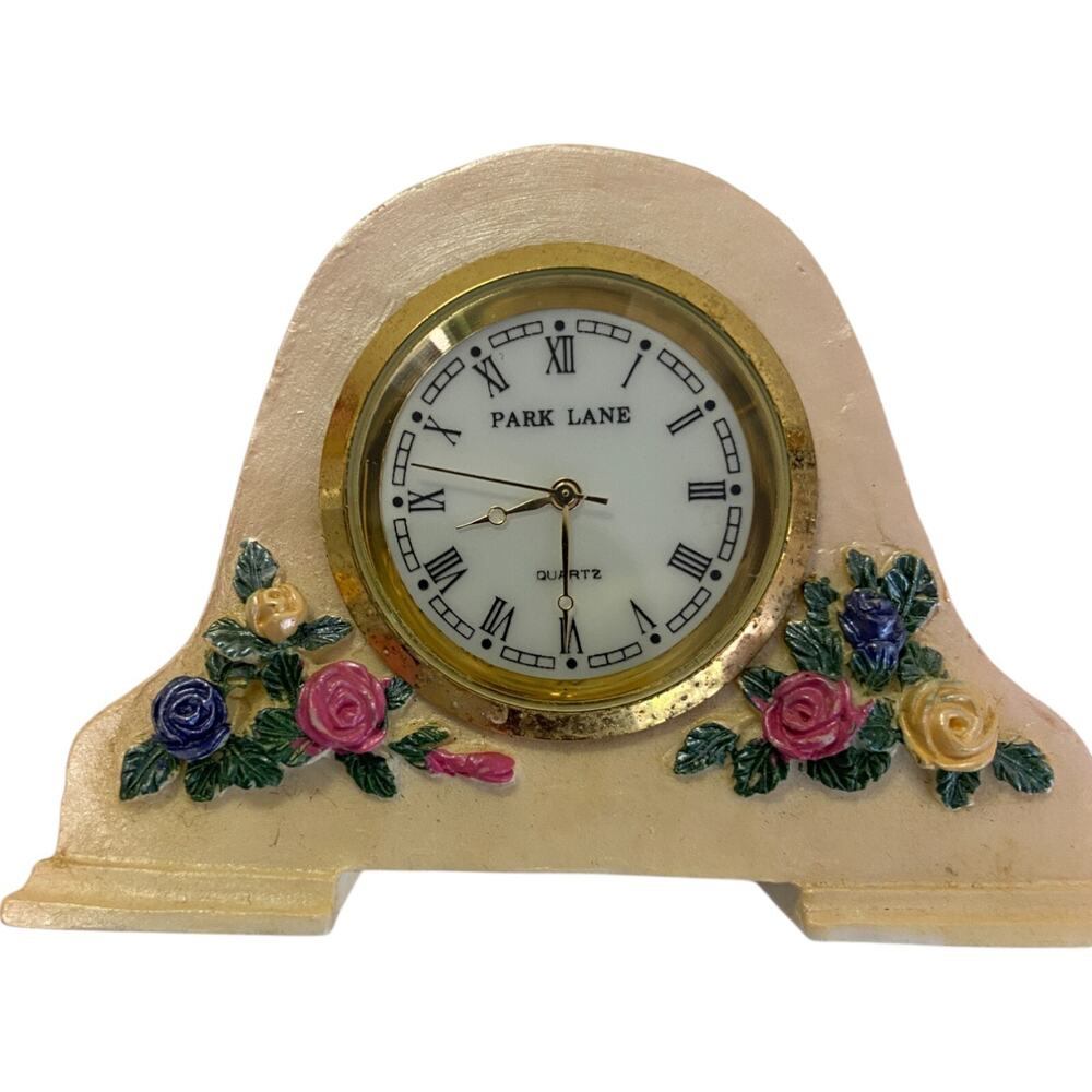 Park Lane Quartz Miniature Desk Clock Gold Tone Bezel Floral Roman Numerals